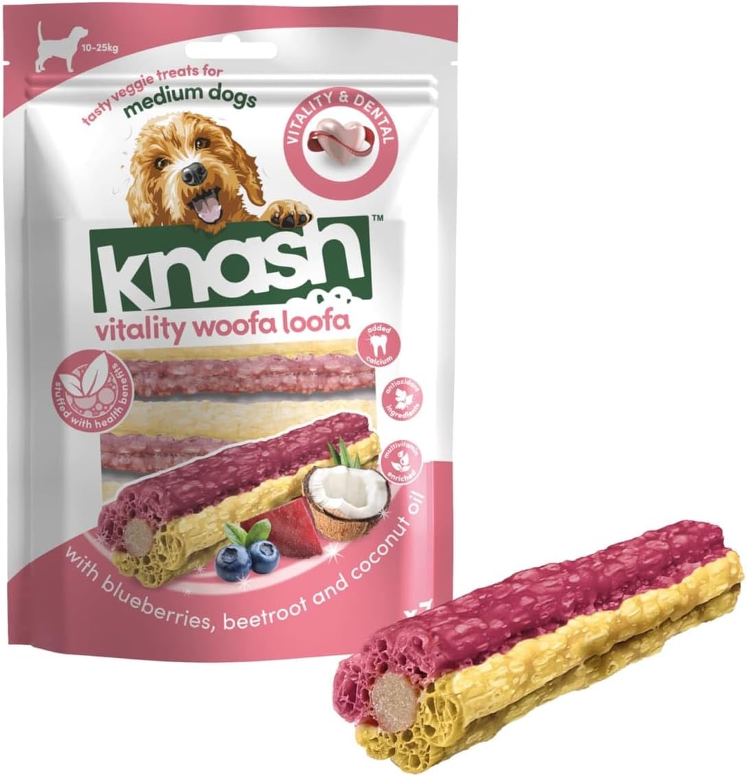 Knash Dog Dental Woofa Loofas Pack of 7 - Blueberries, Beetroot & Coconut Oil Flavour. Chew Care Veggie Based Daily Treats Healthy Teeth & Gums Medium Dogs.