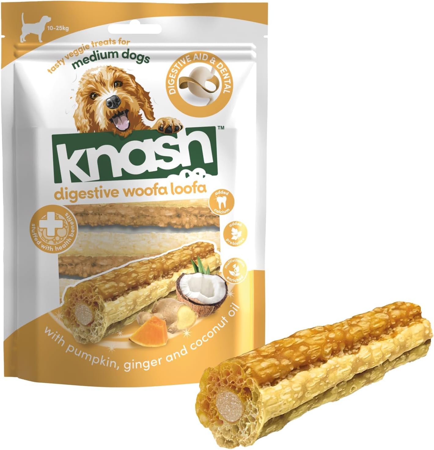 Knash Dog Dental Woofa Loofas Pack of 7 - Pumpkin, Ginger & Coconut Flavour. Chew Care Veggie Based Daily Treats Healthy Teeth & Gums Medium Dogs.