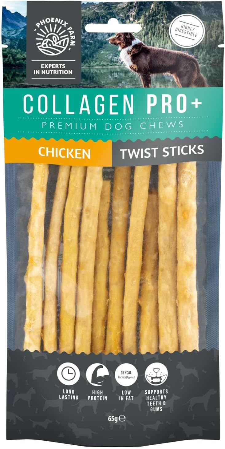 Collagen Pro+ Premium Chicken Dog Chew Twist Sticks - Chewable Collagen Dog Treats for Small Dog Breeds, Promotes Healthier Joints, Skin, and Coat - 10pc, 65g