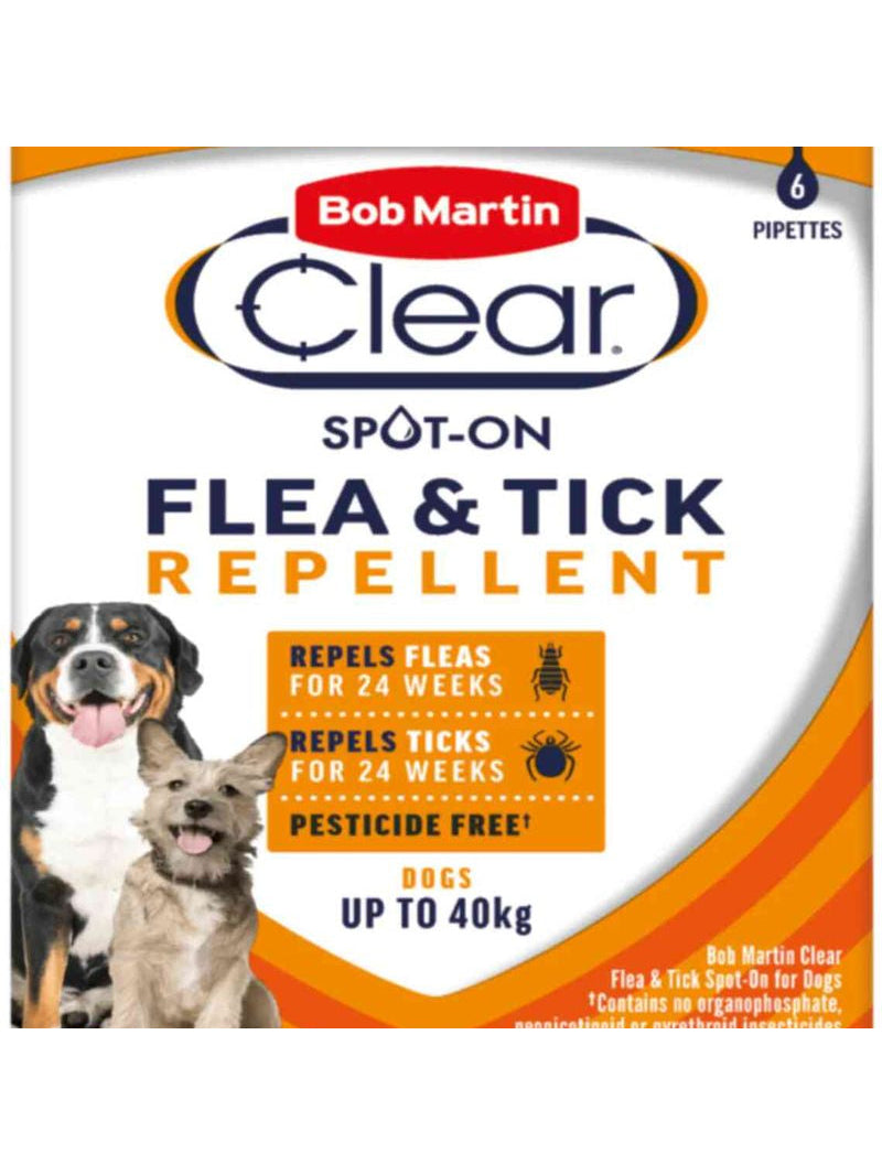 Bob Martin Clear Flea and Tick Spot on for Dogs, Up To 24 Weeks Protection, 6 Pipettes