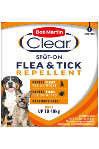 Bob Martin Clear Flea and Tick Spot on for Dogs, Up To 24 Weeks Protection, 6 Pipettes