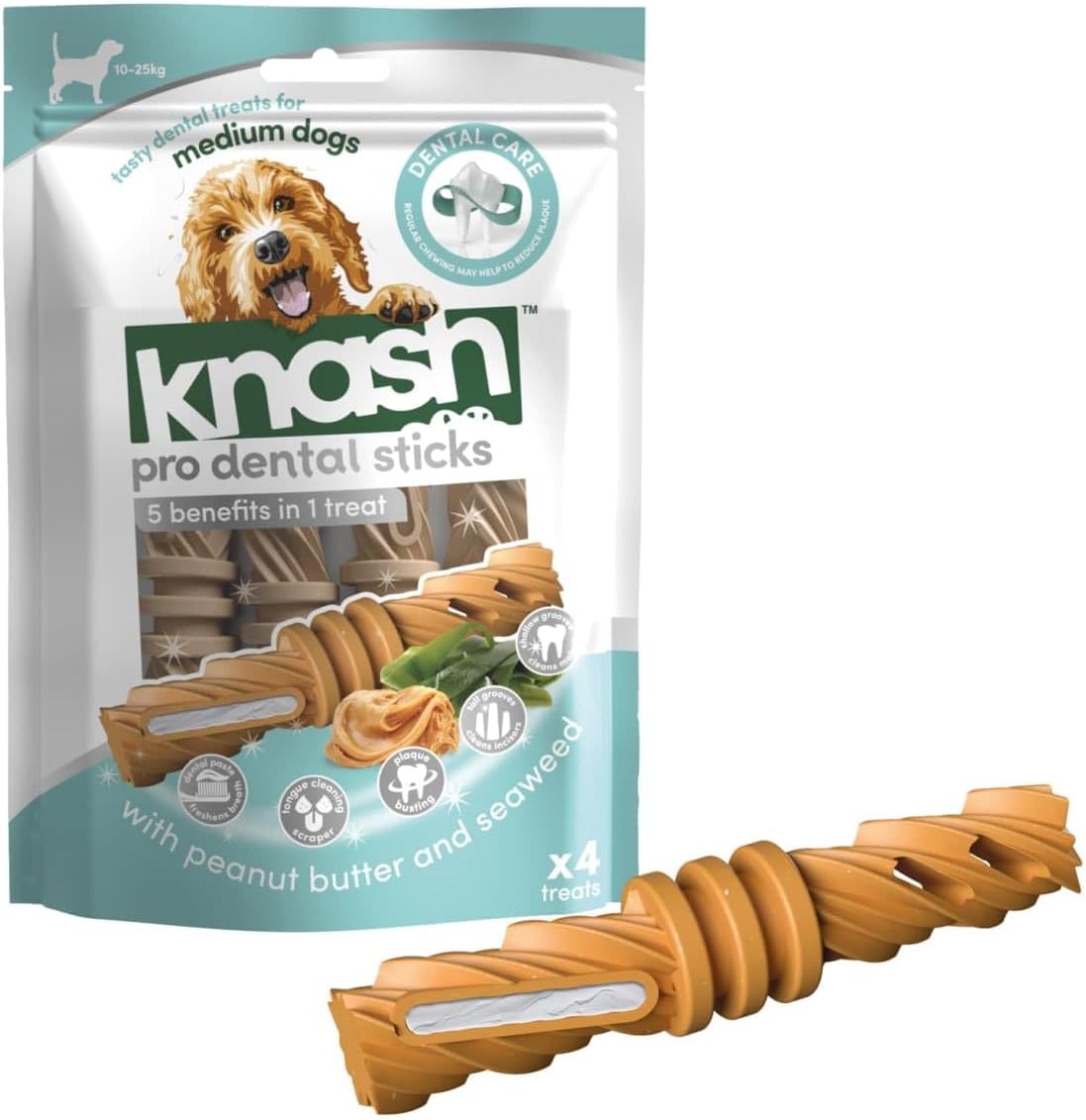 Knash Dog Pro Dental Stick Chews Peanut Butter & Seaweed Flavour 240g Care Veggie Based Daily Treats Healthy Teeth & Gums Medium Dog