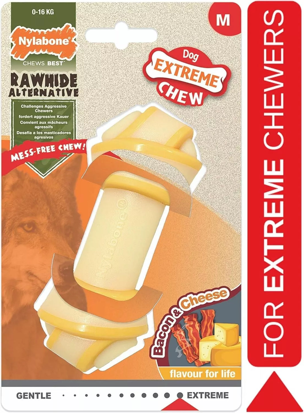 Nylabone Extreme Tough Dog Chew Toy Rawhide Knot Alternative Bacon & Cheese Med
