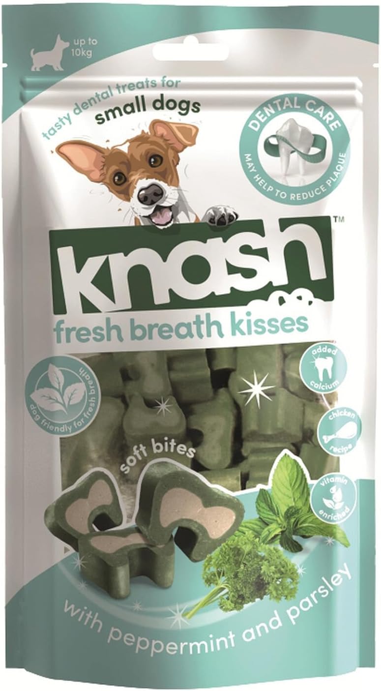 Knash Dog Fresh Breath Kisses Dental Chews 100g Peppermint & Parsley Flavour Care Veggie Based Daily Treats Healthy Teeth & Gums Small Dog (Copy)