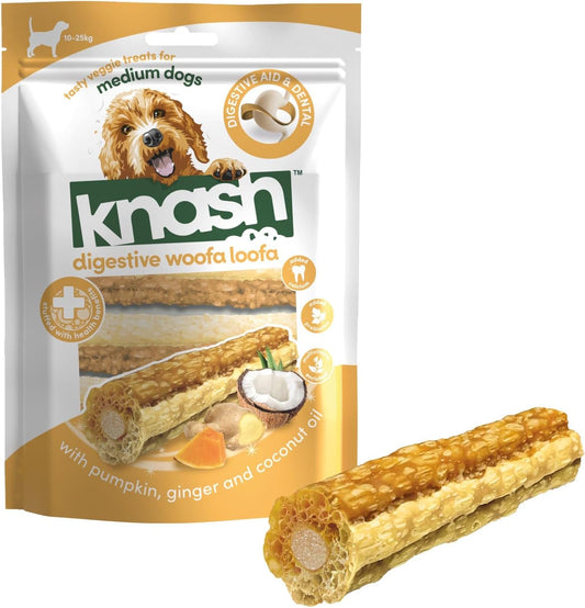 Knash Dog Dental Woofa Loofas Pack of 7 - Pumpkin, Ginger & Coconut Flavour. Chew Care Veggie Based Daily Treats Healthy Teeth & Gums Medium Dogs.