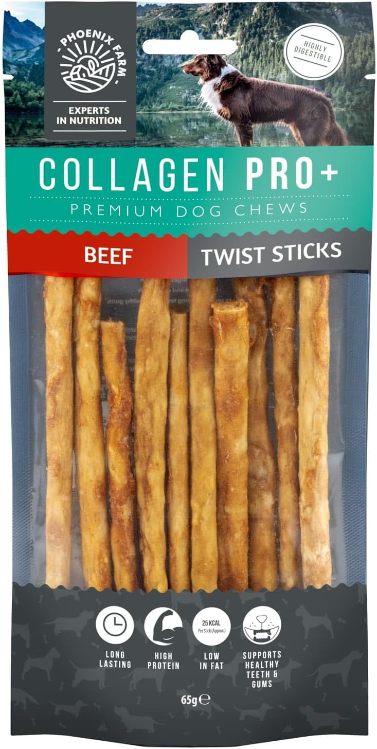 Collagen Pro+ Premium Beef Dog Chew Twist Sticks - Chewable Collagen Dog Treats for Small Dog Breeds, Promotes Healthier Joints, Skin, and Coat - 10pc, 65g