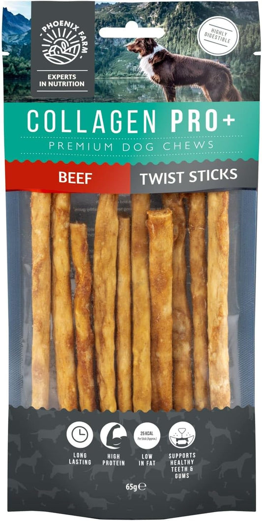 Collagen Pro+ Premium Beef Dog Chew Twist Sticks - Chewable Collagen Dog Treats for Small Dog Breeds, Promotes Healthier Joints, Skin, and Coat - 10pc, 65g