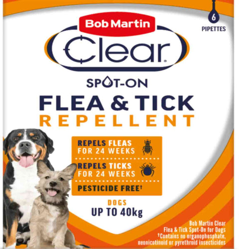 Bob Martin Clear Flea and Tick Spot on for Dogs, Up To 24 Weeks Protection, 6 Pipettes