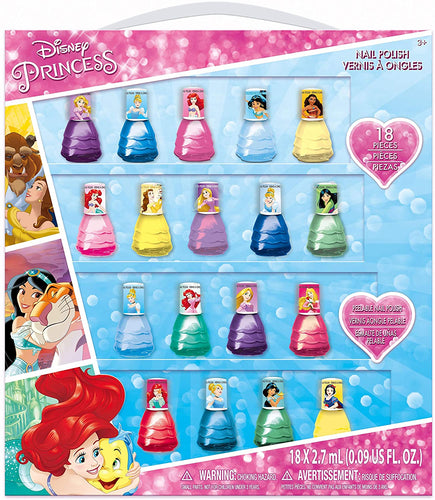 Townley Girl Disney Princesss Kids Washable Super Sparkly Dress Shaped Peel-Off Nail Polish Set for Girls, 18 Colors